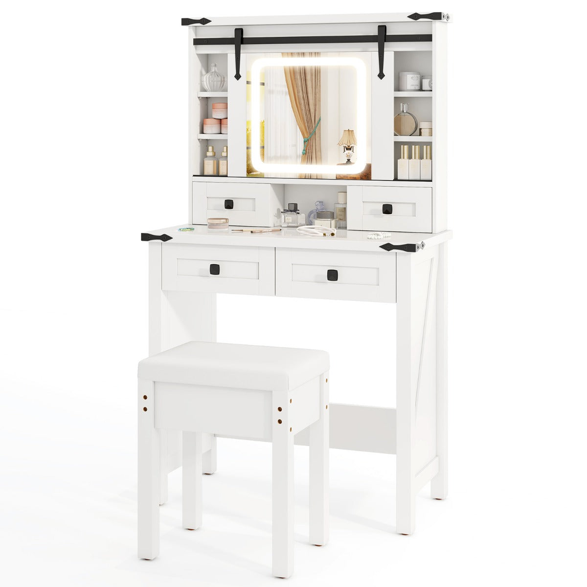 Mesa de Tocador Estilo Granero con Espejo Deslizante Luces LED Ajustables Cajones y Estantes 79 x 40 x 138 cm Blanco
