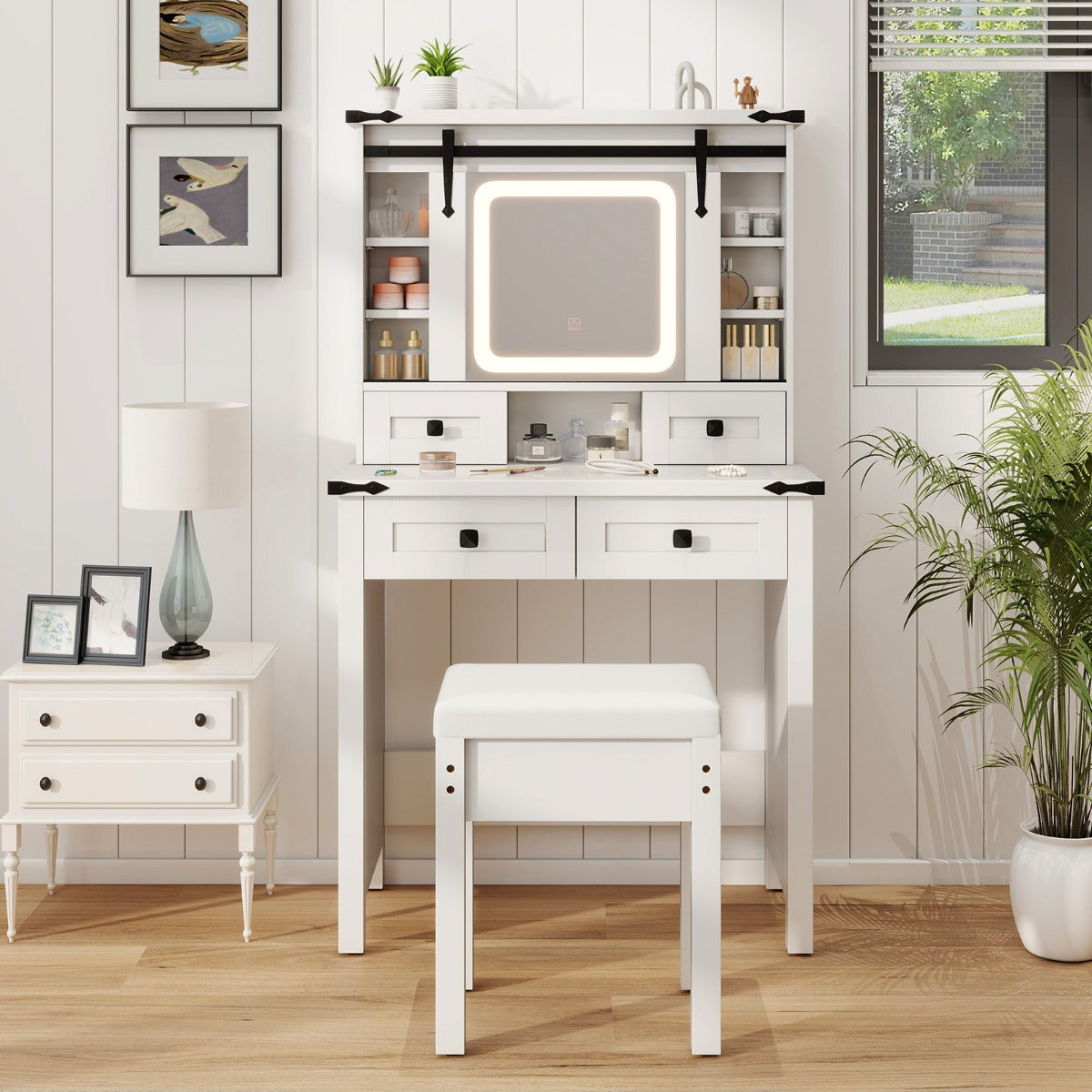 Mesa de Tocador Estilo Granero con Espejo Deslizante Luces LED Ajustables Cajones y Estantes 79 x 40 x 138 cm Blanco