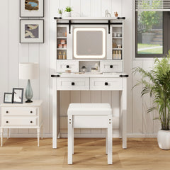 Mesa de Tocador Estilo Granero con Espejo Deslizante Luces LED Ajustables Cajones y Estantes 79 x 40 x 138 cm Blanco