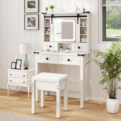 Mesa de Tocador Estilo Granero con Espejo Deslizante Luces LED Ajustables Cajones y Estantes 79 x 40 x 138 cm Blanco