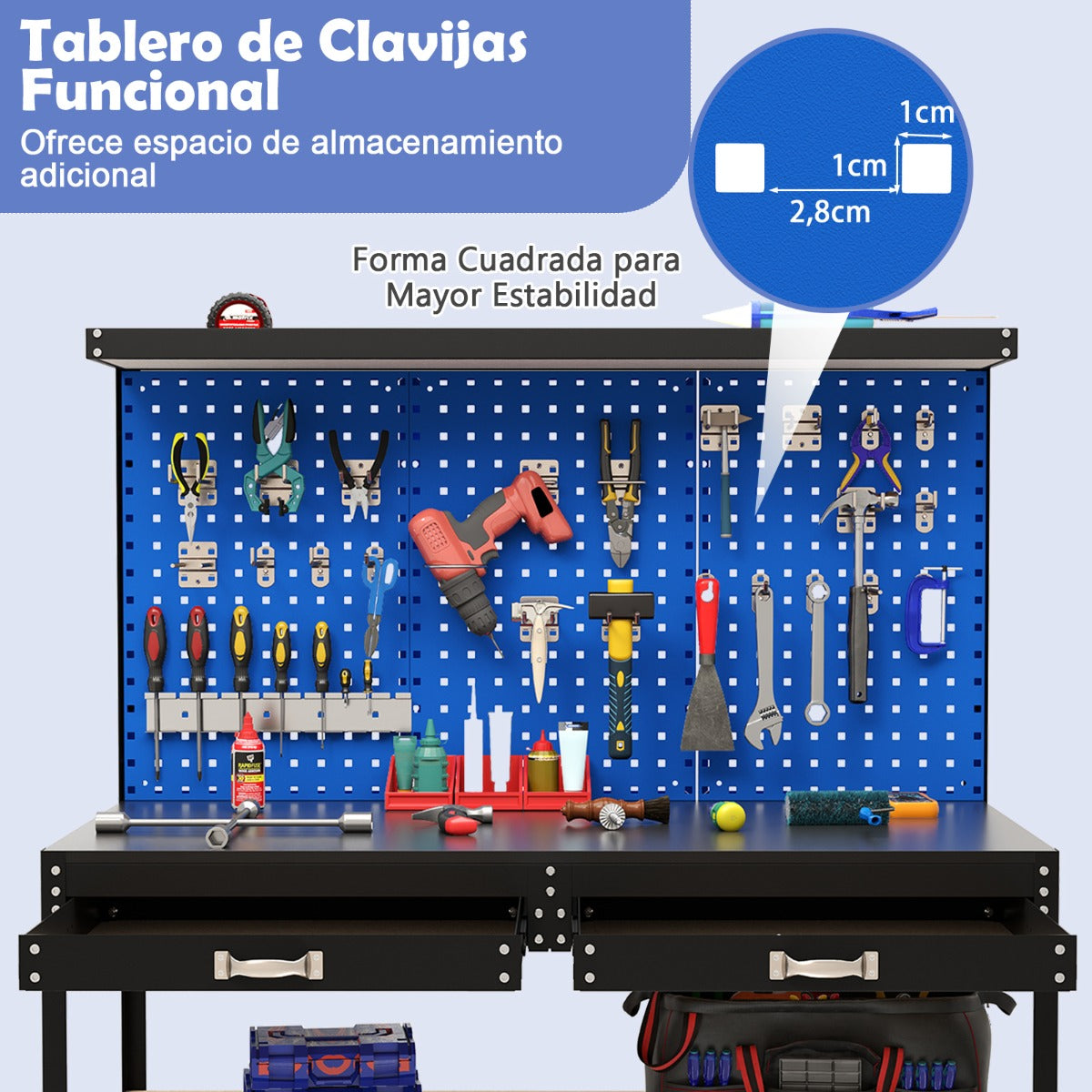 Mesa de Trabajo de Herramientas de Metal con 3 Paneles de Perforación Cajón y Estantes 24 Ganchos 121 x 61 x 156 cm-Azul marino