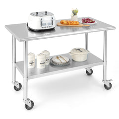 Mesa de Trabajo de Acero Inoxidable Mesa de Preparación con 4 Ruedas Patas Galvanizadas Estante Ajustable para Cocina 122 x 61 x 89 cm