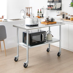 Mesa de Trabajo de Acero Inoxidable Mesa de Preparación con 4 Ruedas Patas Galvanizadas Estante Ajustable para Cocina 122 x 61 x 89 cm