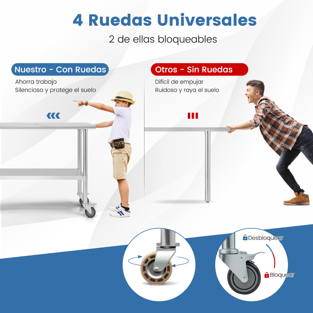 Mesa de Trabajo de Acero Inoxidable Mesa de Preparación con 4 Ruedas Patas Galvanizadas Estante Ajustable para Cocina 122 x 61 x 89 cm