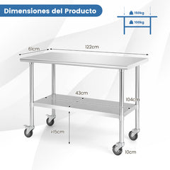 Mesa de Trabajo de Acero Inoxidable Mesa de Preparación con 4 Ruedas Patas Galvanizadas Estante Ajustable para Cocina 122 x 61 x 89 cm