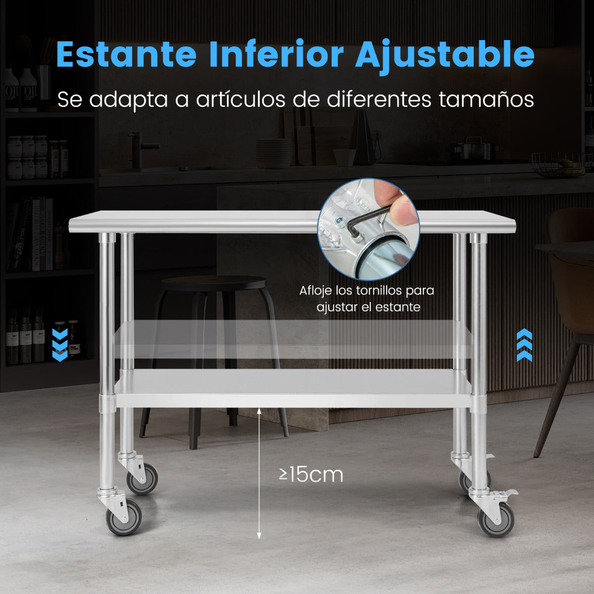 Mesa de Trabajo de Acero Inoxidable Mesa de Preparación con 4 Ruedas Patas Galvanizadas Estante Ajustable para Cocina 122 x 61 x 89 cm
