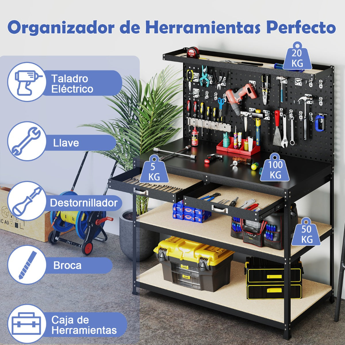 Mesa de Trabajo de Herramientas de Metal con 3 Paneles de Perforación Cajón y Estantes 24 Ganchos 121 x 61 x 156 cm-Negro