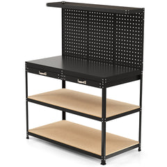 Mesa de Trabajo de Herramientas de Metal con 3 Paneles de Perforación Cajón y Estantes 24 Ganchos 121 x 61 x 156 cm-Negro