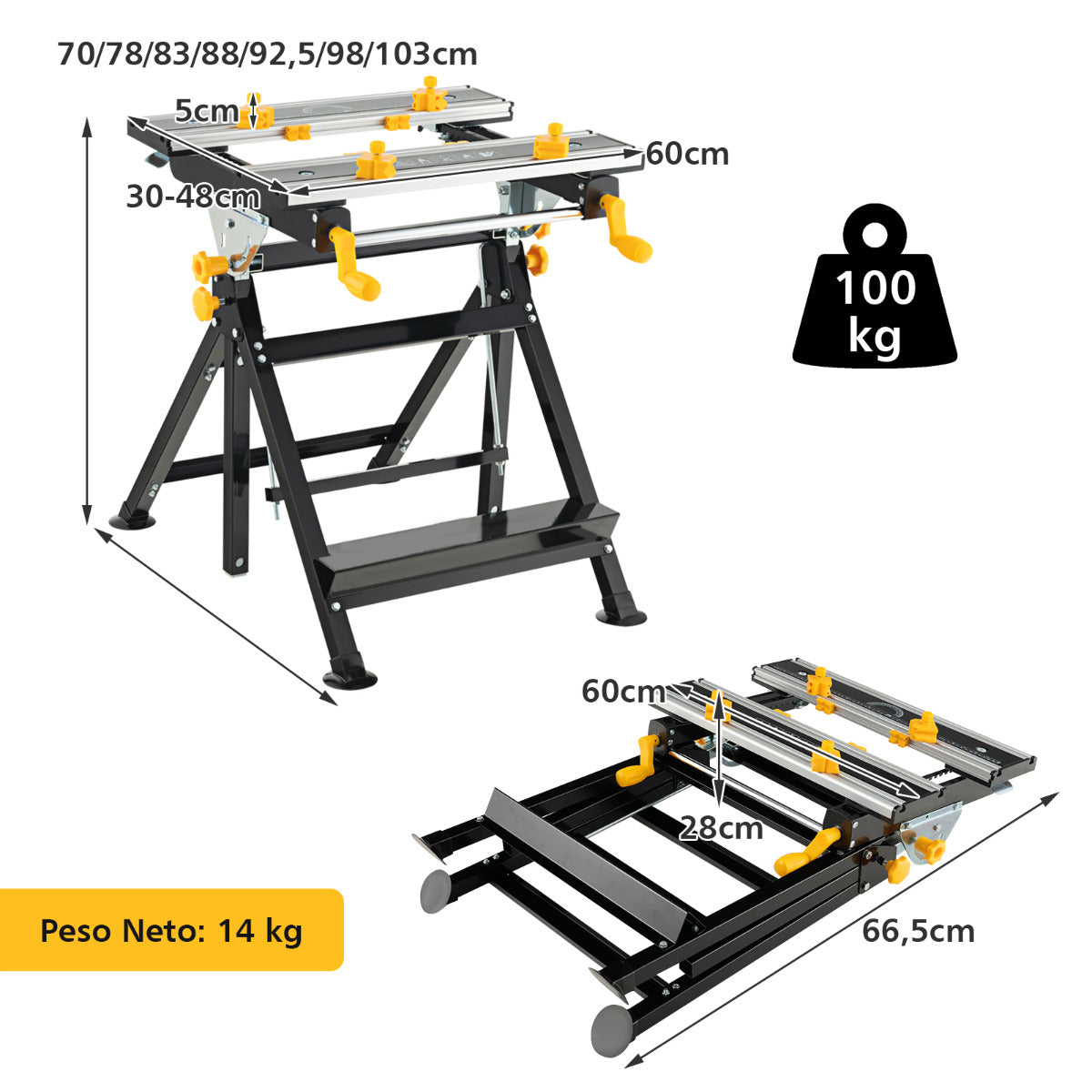 Mesa de Trabajo Plegable Banco de Trabajo Portátil con Plataforma Inclinable y Altura Ajustable en 7 Niveles de Alumnio Carga 100 KG