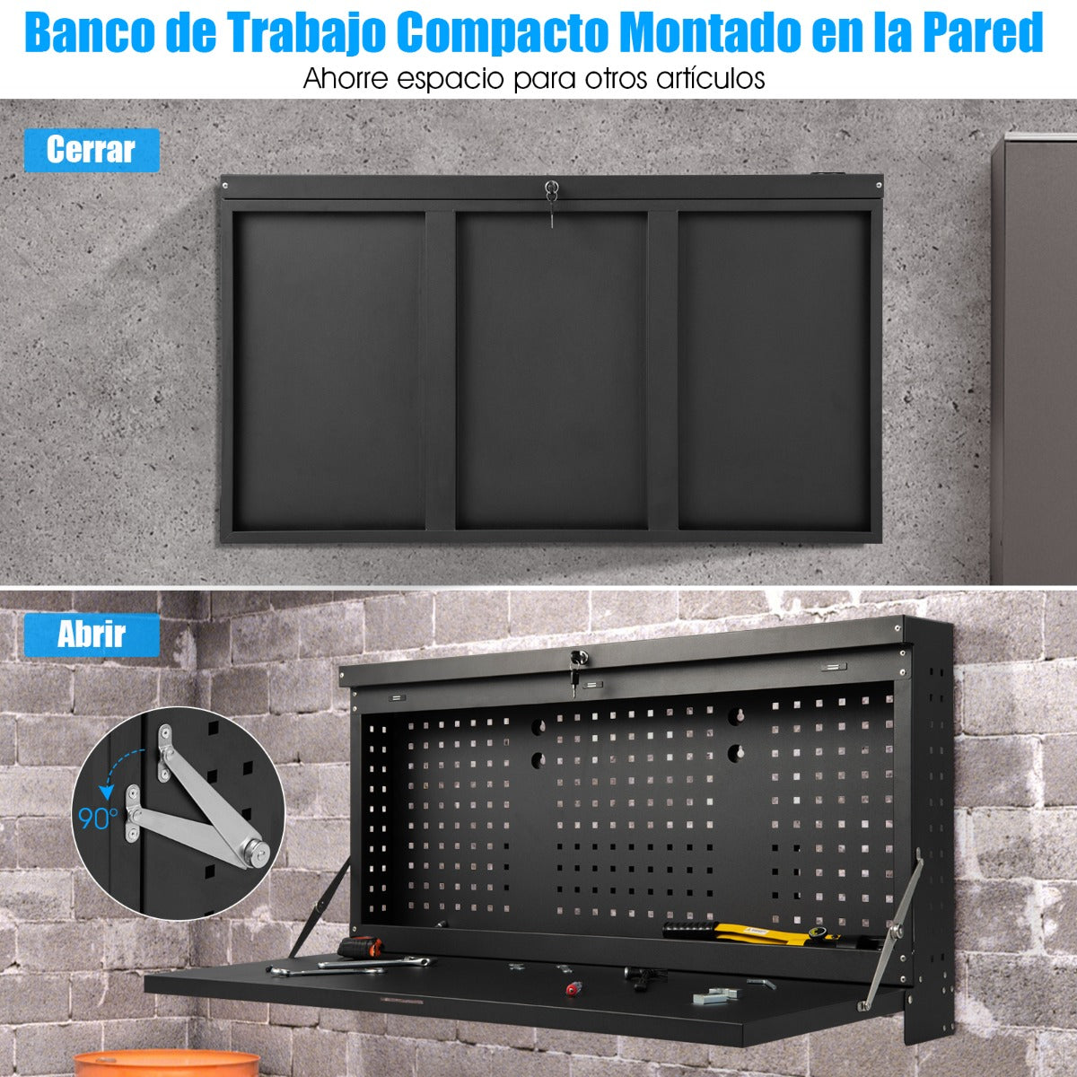 Estantería Plegable de Bricolaje para Pared Organizador de Herramientas con Panel Perforado para Taller Garaje 110 x 52 x 61 cm Negro