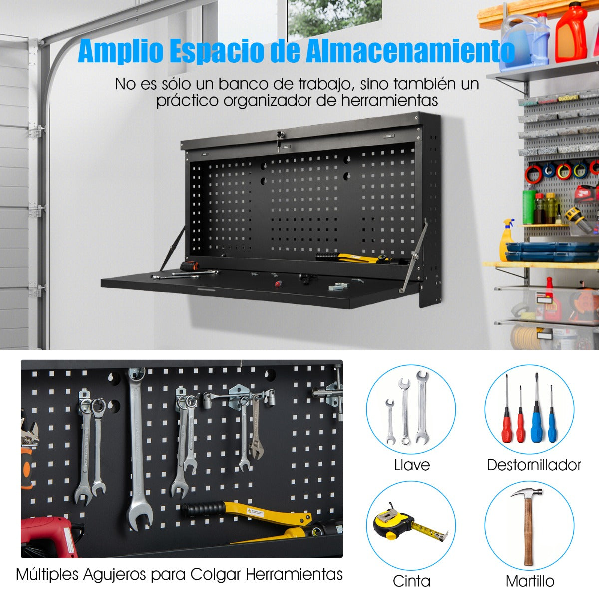 Estantería Plegable de Bricolaje para Pared Organizador de Herramientas con Panel Perforado para Taller Garaje 110 x 52 x 61 cm Negro
