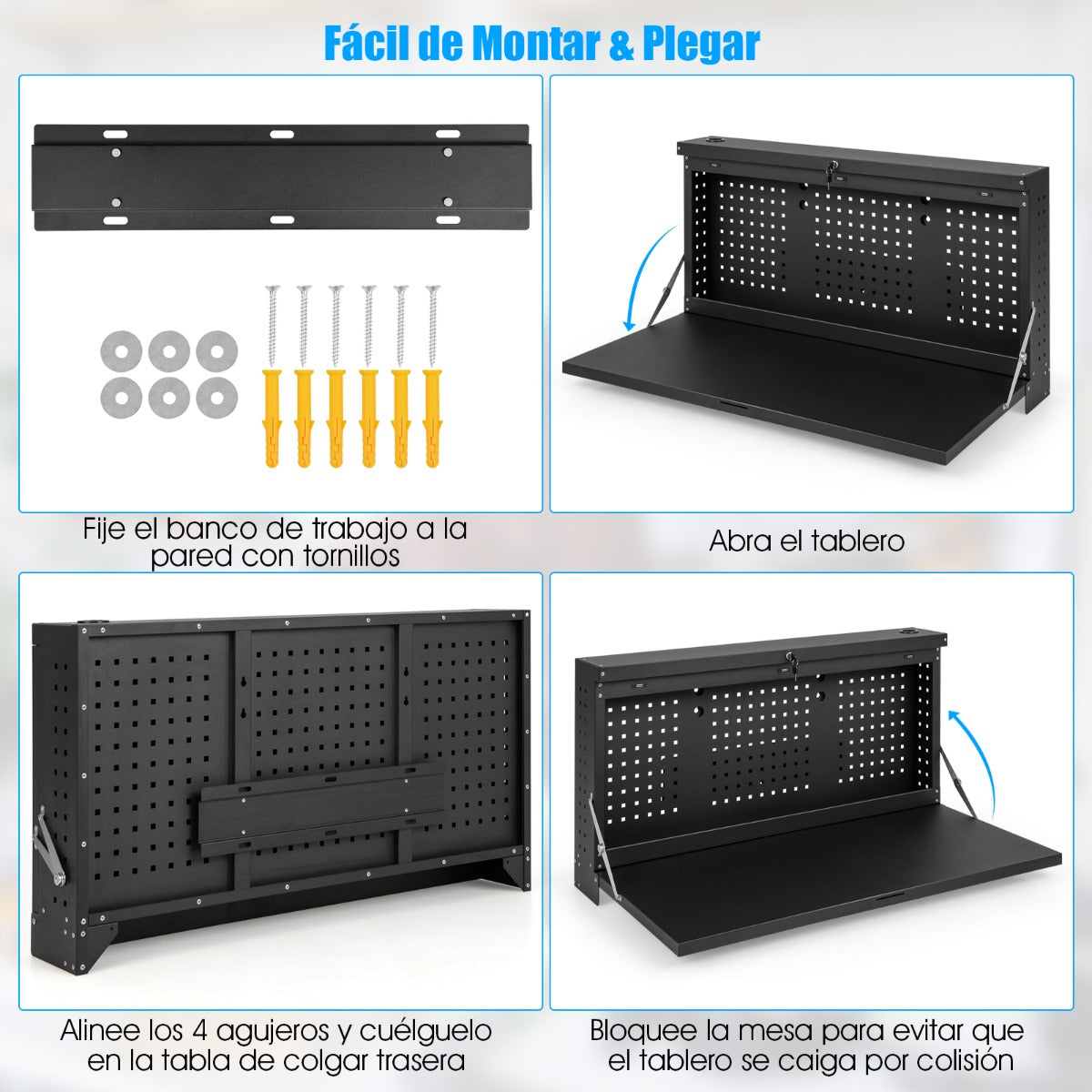 Estantería Plegable de Bricolaje para Pared Organizador de Herramientas con Panel Perforado para Taller Garaje 110 x 52 x 61 cm Negro
