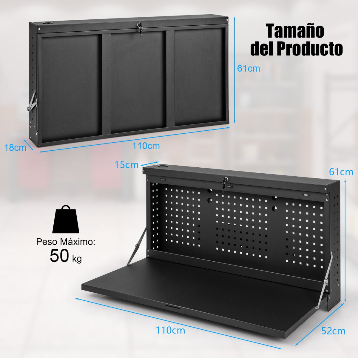 Estantería Plegable de Bricolaje para Pared Organizador de Herramientas con Panel Perforado para Taller Garaje 110 x 52 x 61 cm Negro