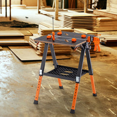 Mesa de Trabajo Plegable 2 en 1 con 2 Abrazaderas Rápidas 4 Perros de Abrazadera 8 Alturas Ajustables y Estante para Herramientas Naranja