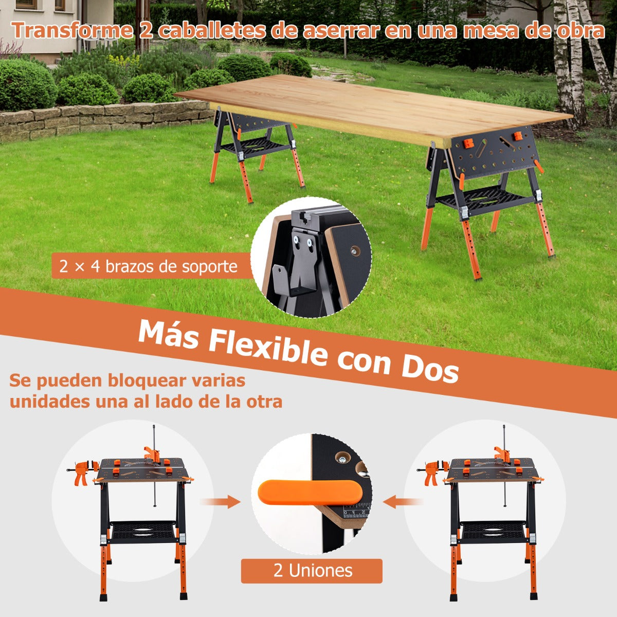 Mesa de Trabajo Plegable 2 en 1 con 2 Abrazaderas Rápidas 4 Perros de Abrazadera 8 Alturas Ajustables y Estante para Herramientas Naranja