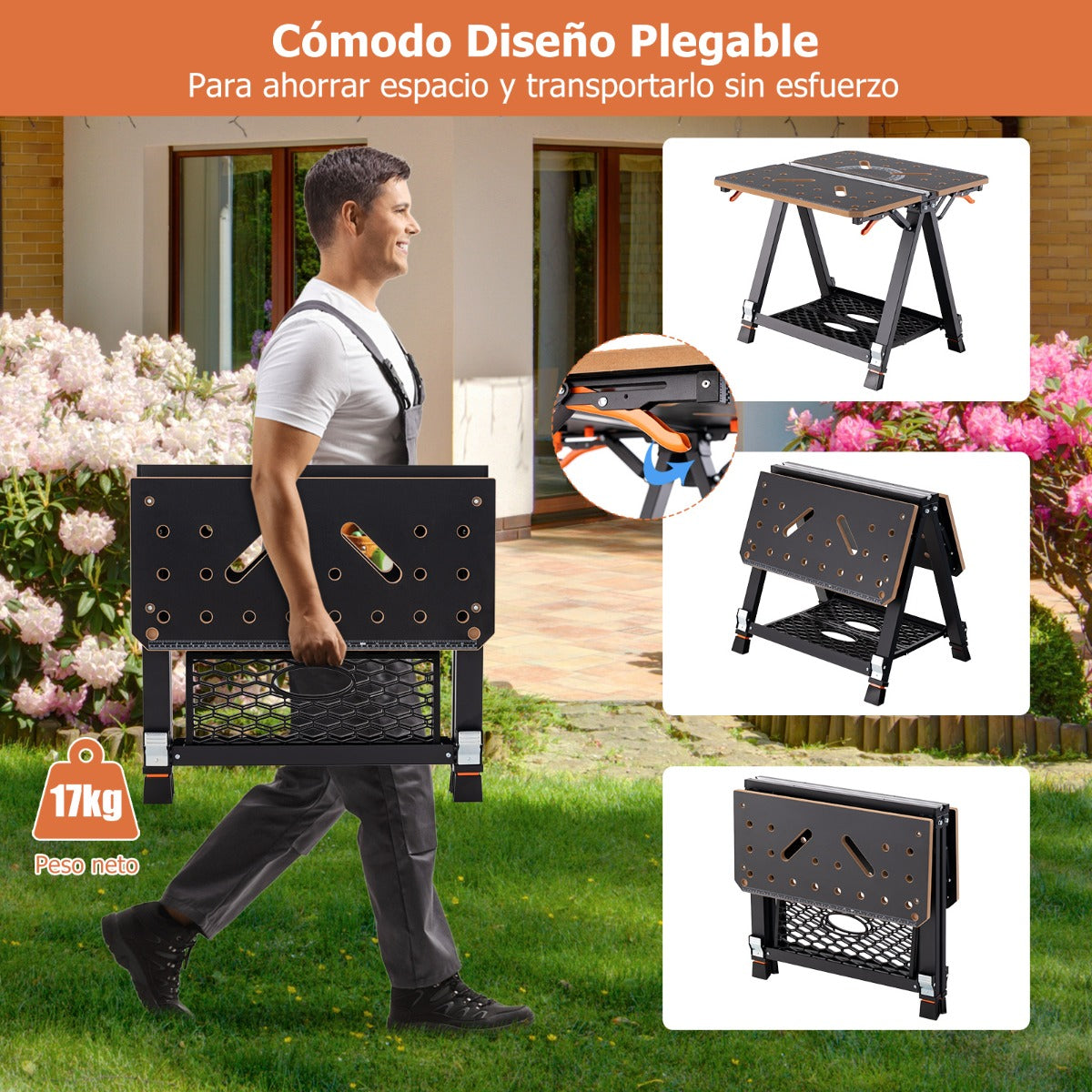 Mesa de Trabajo Plegable 2 en 1 con 2 Abrazaderas Rápidas 4 Perros de Abrazadera 8 Alturas Ajustables y Estante para Herramientas Naranja