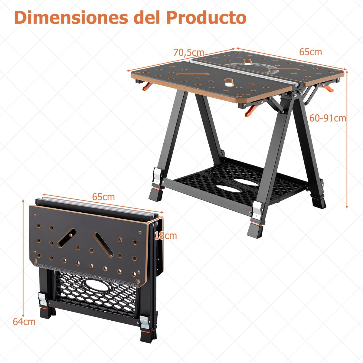 Mesa de Trabajo Plegable 2 en 1 con 2 Abrazaderas Rápidas 4 Perros de Abrazadera 8 Alturas Ajustables y Estante para Herramientas Naranja