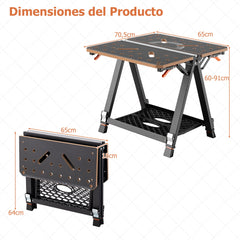 Mesa de Trabajo Plegable 2 en 1 con 2 Abrazaderas Rápidas 4 Perros de Abrazadera 8 Alturas Ajustables y Estante para Herramientas Naranja