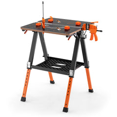 Mesa de Trabajo Plegable 2 en 1 con 2 Abrazaderas Rápidas 4 Perros de Abrazadera 8 Alturas Ajustables y Estante para Herramientas Naranja