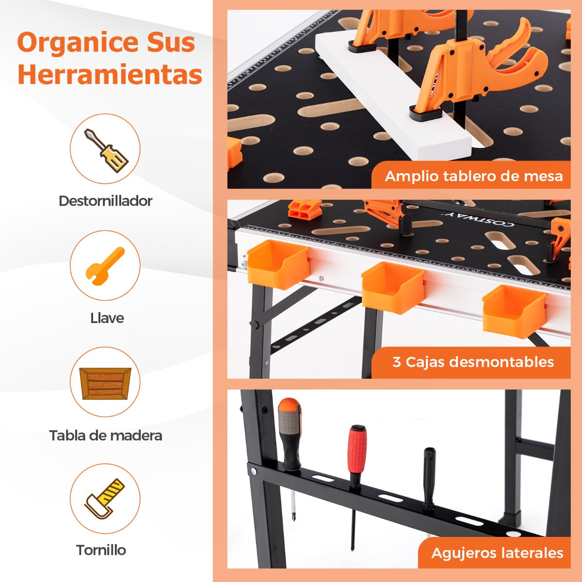 Mesa de Trabajo Portátil de 84,5 cm con Soporte de Metal Carga 454 kg Banco de Trabajo Plegable para Garaje y Taller de Reparación Naranja