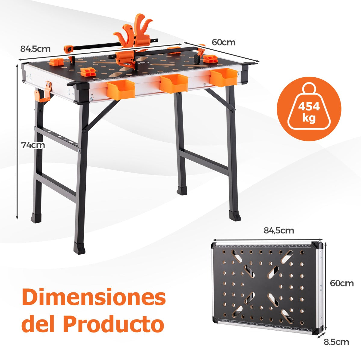 Mesa de Trabajo Portátil de 84,5 cm con Soporte de Metal Carga 454 kg Banco de Trabajo Plegable para Garaje y Taller de Reparación Naranja
