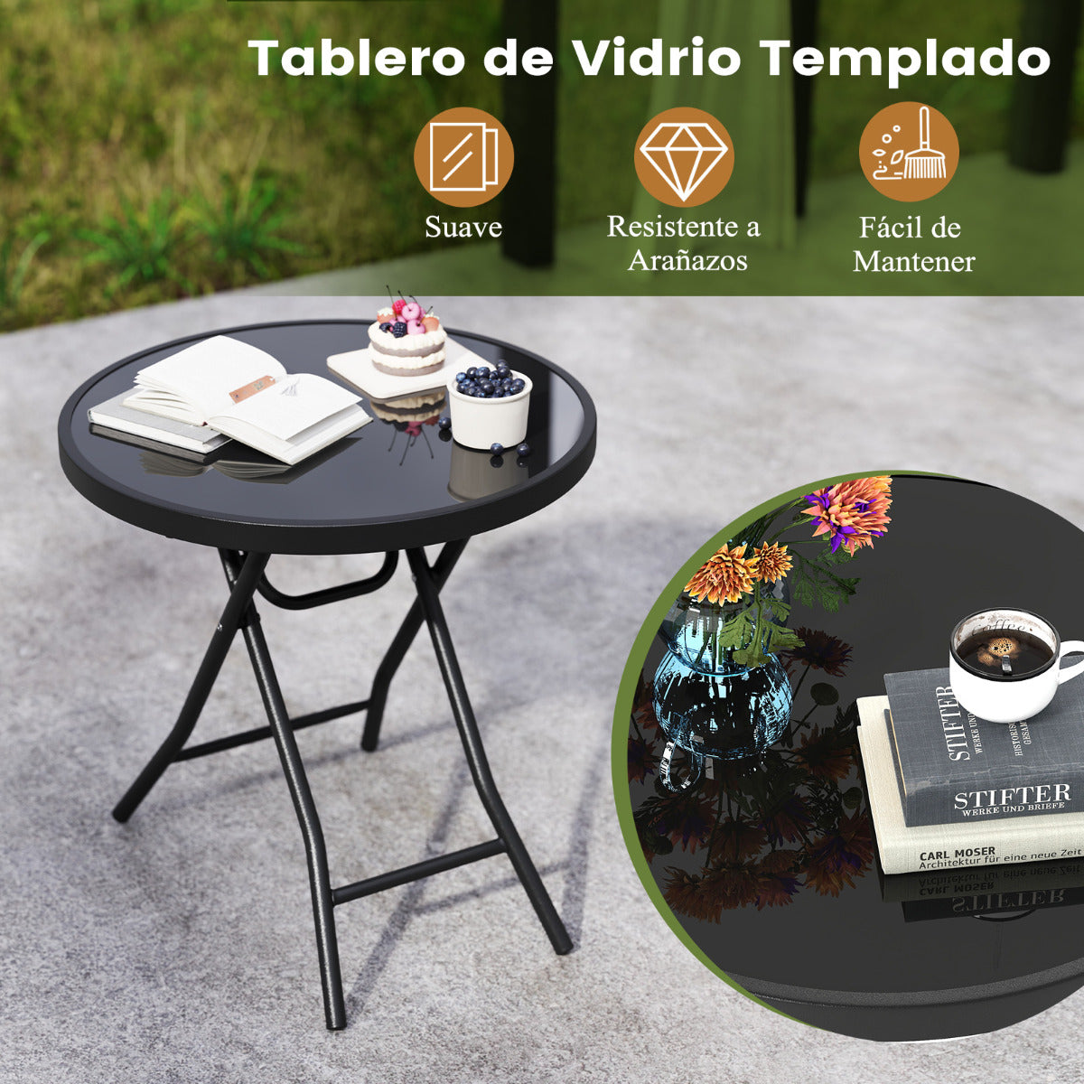 Mesa Lateral Plegable de 46 cm Mesa de Café Redonda Compacta para Patio con Superficie de Vidrio Templado y Estructura Metálica Negro