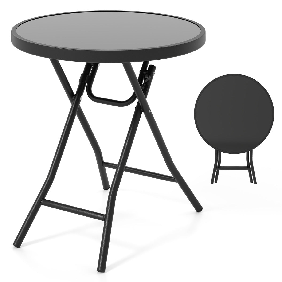 Mesa Lateral Plegable de 46 cm Mesa de Café Redonda Compacta para Patio con Superficie de Vidrio Templado y Estructura Metálica Negro