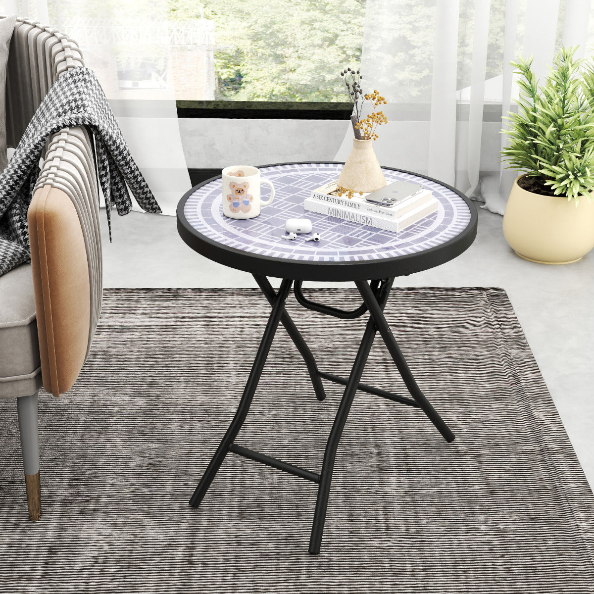 Mesa Lateral Plegable de 46 cm Mesa de Café Redonda Compacta para Patio con Superficie de Vidrio Templado y Estructura Metálica Gris