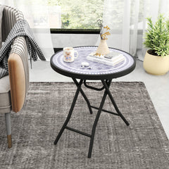 Mesa Lateral Plegable de 46 cm Mesa de Café Redonda Compacta para Patio con Superficie de Vidrio Templado y Estructura Metálica Gris