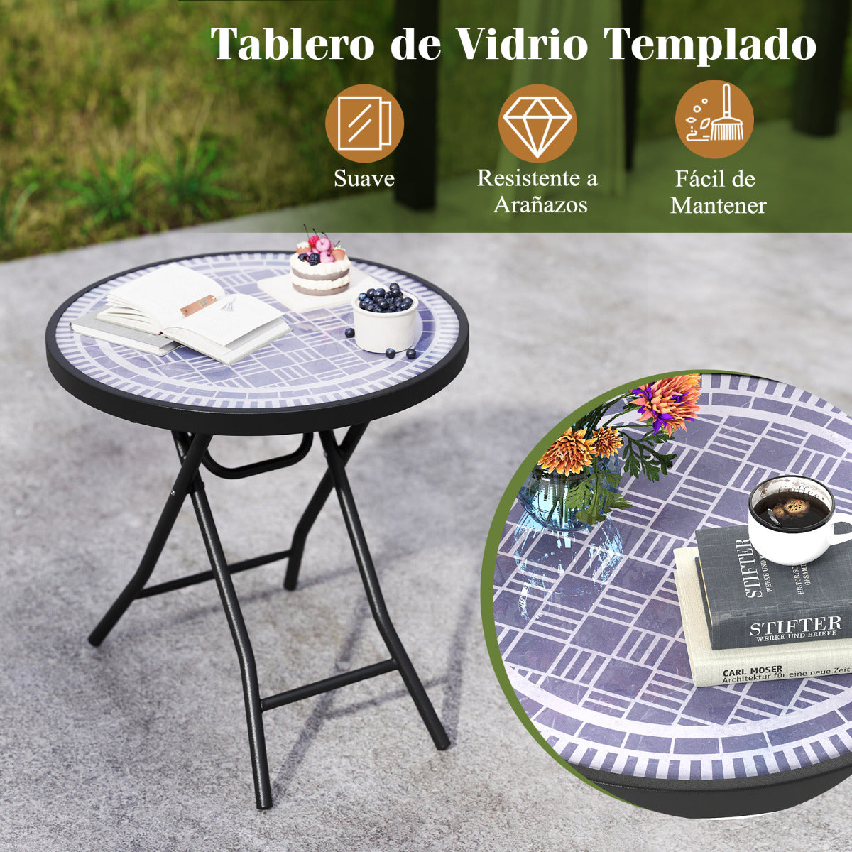 Mesa Lateral Plegable de 46 cm Mesa de Café Redonda Compacta para Patio con Superficie de Vidrio Templado y Estructura Metálica Gris