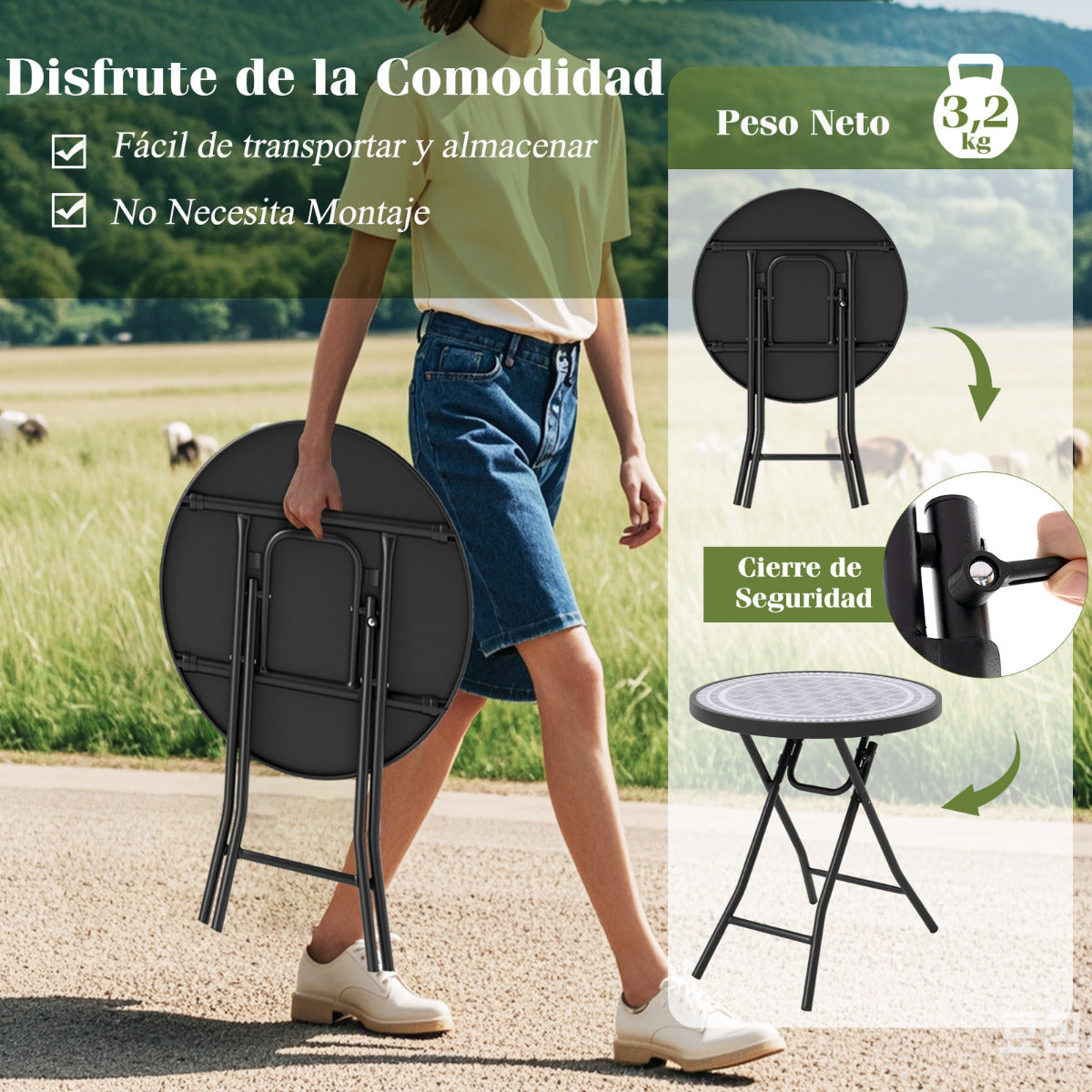 Mesa Lateral Plegable de 46 cm Mesa de Café Redonda Compacta para Patio con Superficie de Vidrio Templado y Estructura Metálica Gris