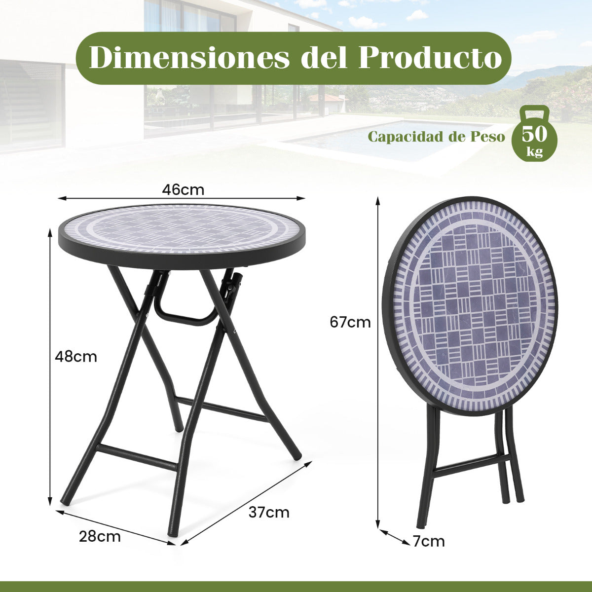 Mesa Lateral Plegable de 46 cm Mesa de Café Redonda Compacta para Patio con Superficie de Vidrio Templado y Estructura Metálica Gris