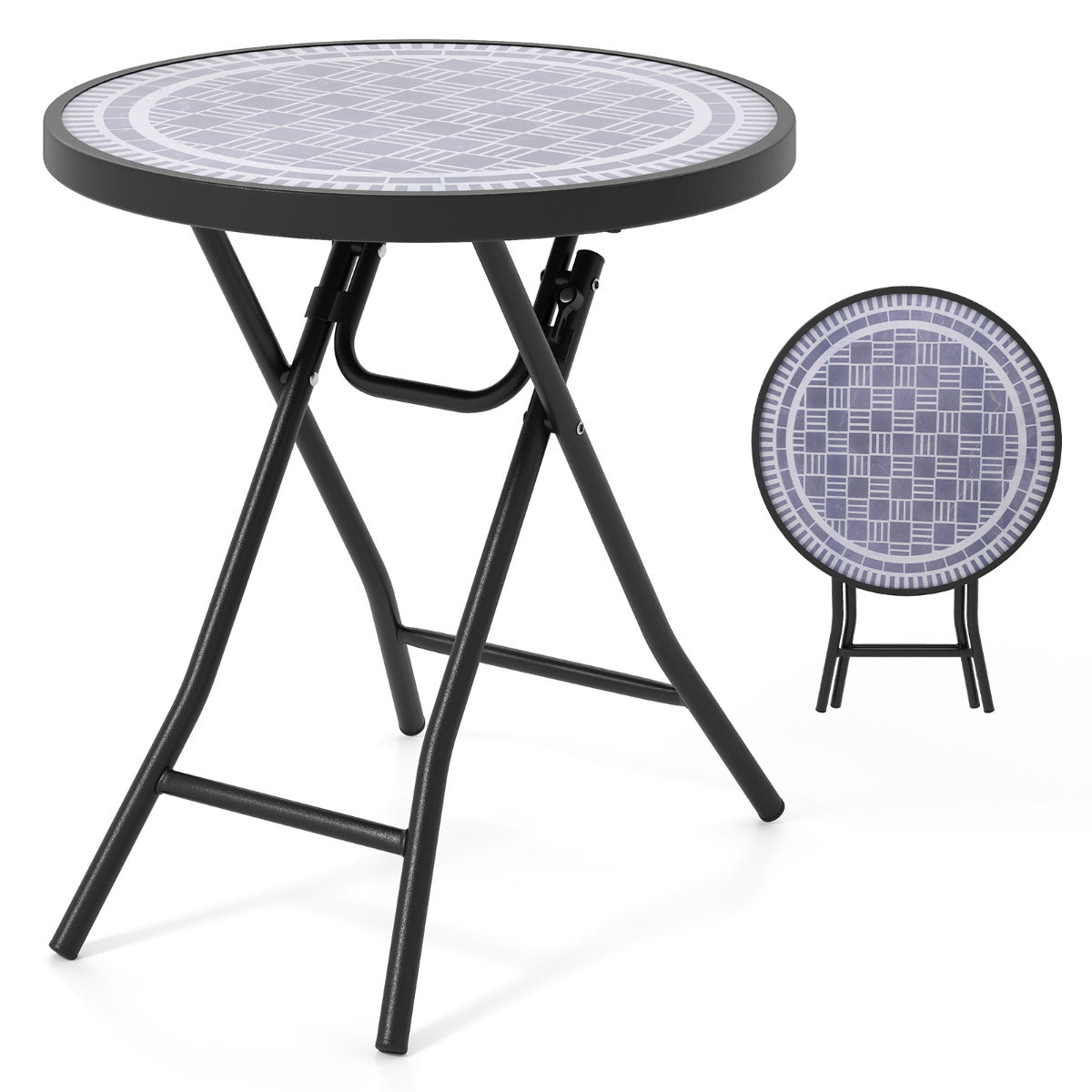 Mesa Lateral Plegable de 46 cm Mesa de Café Redonda Compacta para Patio con Superficie de Vidrio Templado y Estructura Metálica Gris