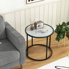 Mesa Lateral Redonda de 50 cm con Marco Metálico y Tablero de Vidrio Efecto Mármol Mesa de Café Moderno para Sala de Estar Negro y Blanco