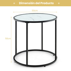 Mesa Lateral Redonda de 50 cm con Marco Metálico y Tablero de Vidrio Efecto Mármol Mesa de Café Moderno para Sala de Estar Negro y Blanco