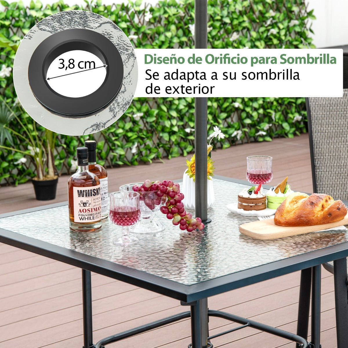 Mesa para Comedor en Patio con Orificio para Sombrilla Tapa de Vidrio Templado y Estructura de Metal 89 x 89 x 72 cm Negro
