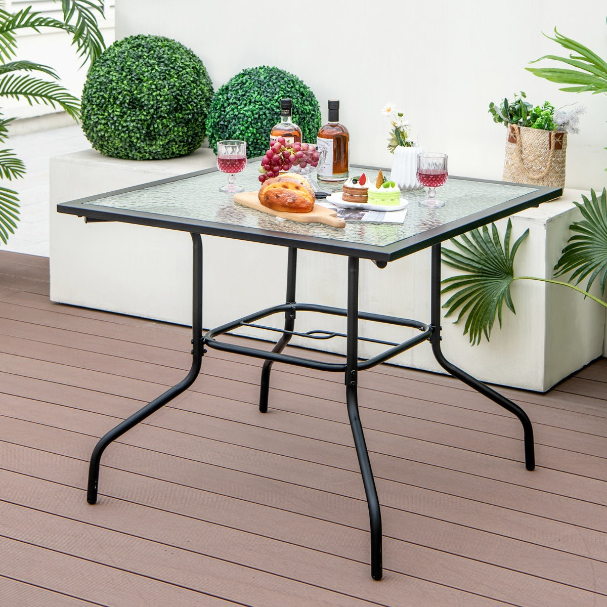 Mesa para Comedor en Patio con Orificio para Sombrilla Tapa de Vidrio Templado y Estructura de Metal 89 x 89 x 72 cm Negro