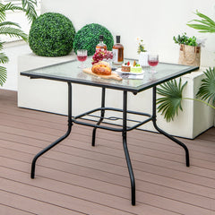 Mesa para Comedor en Patio con Orificio para Sombrilla Tapa de Vidrio Templado y Estructura de Metal 89 x 89 x 72 cm Negro