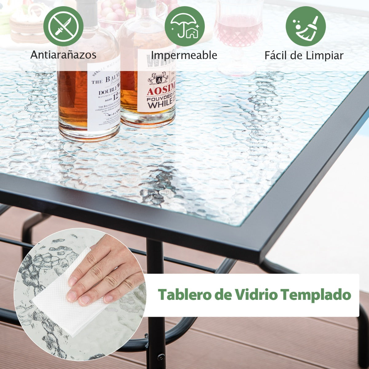 Mesa para Comedor en Patio con Orificio para Sombrilla Tapa de Vidrio Templado y Estructura de Metal 89 x 89 x 72 cm Negro