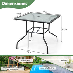 Mesa para Comedor en Patio con Orificio para Sombrilla Tapa de Vidrio Templado y Estructura de Metal 89 x 89 x 72 cm Negro