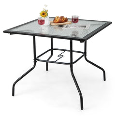 Mesa para Comedor en Patio con Orificio para Sombrilla Tapa de Vidrio Templado y Estructura de Metal 89 x 89 x 72 cm Negro