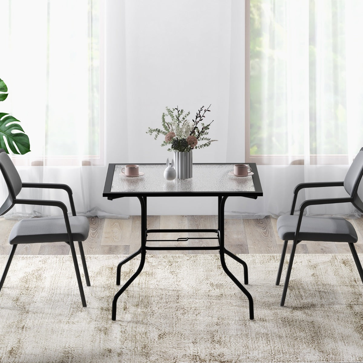 Mesa para Comedor en Patio con Orificio para Sombrilla Tapa de Vidrio Templado y Estructura de Metal 89 x 89 x 72 cm Negro