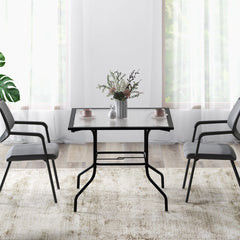 Mesa para Comedor en Patio con Orificio para Sombrilla Tapa de Vidrio Templado y Estructura de Metal 89 x 89 x 72 cm Negro