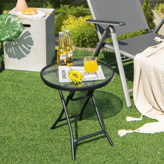 Mesa de Comedor para Patio Mesa Redonda de 46 cm con Tablero de Cristal Templado Estructura Antioxidante y Marco en X para Jardín Negro