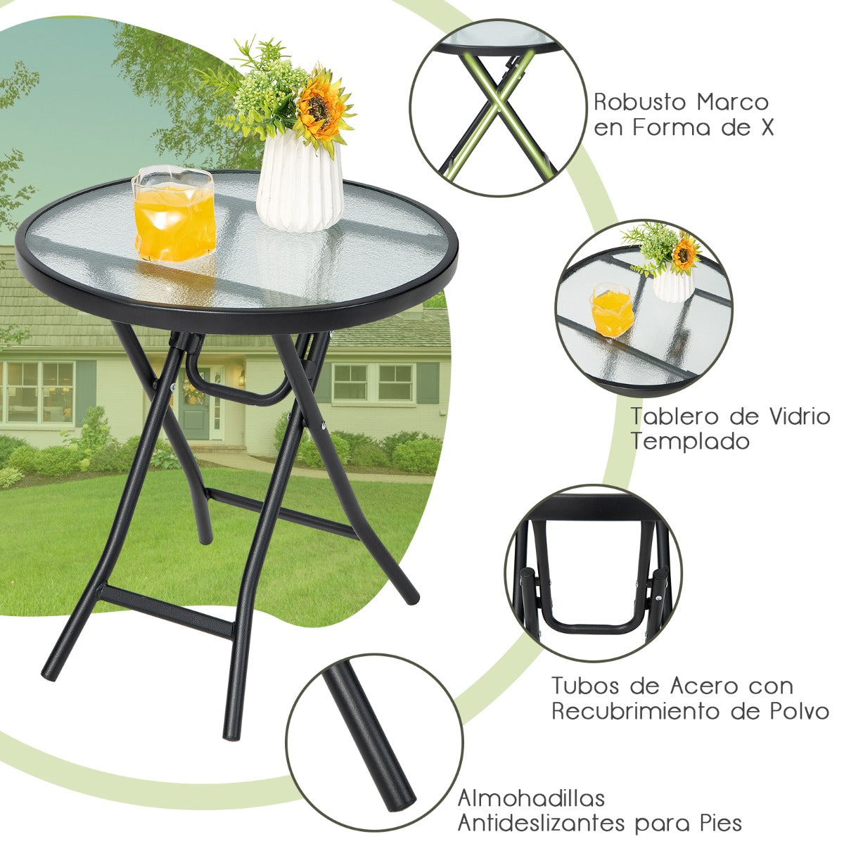 Mesa de Comedor para Patio Mesa Redonda de 46 cm con Tablero de Cristal Templado Estructura Antioxidante y Marco en X para Jardín Negro