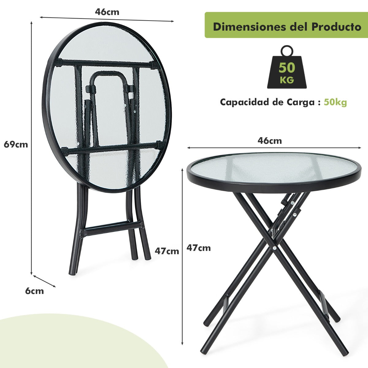 Mesa de Comedor para Patio Mesa Redonda de 46 cm con Tablero de Cristal Templado Estructura Antioxidante y Marco en X para Jardín Negro