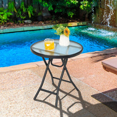 Mesa de Comedor para Patio Mesa Redonda de 46 cm con Tablero de Cristal Templado Estructura Antioxidante y Marco en X para Jardín Negro