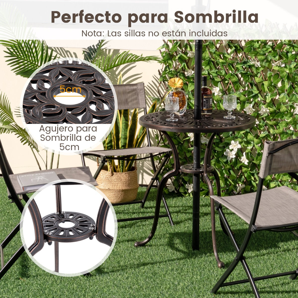 Mesa Redonda de Aluminio Fundido de 61 cm con Orificio para Sombrilla de 5 cm Patas Curvas y Almohadillas Ajustables para Porche Bronce