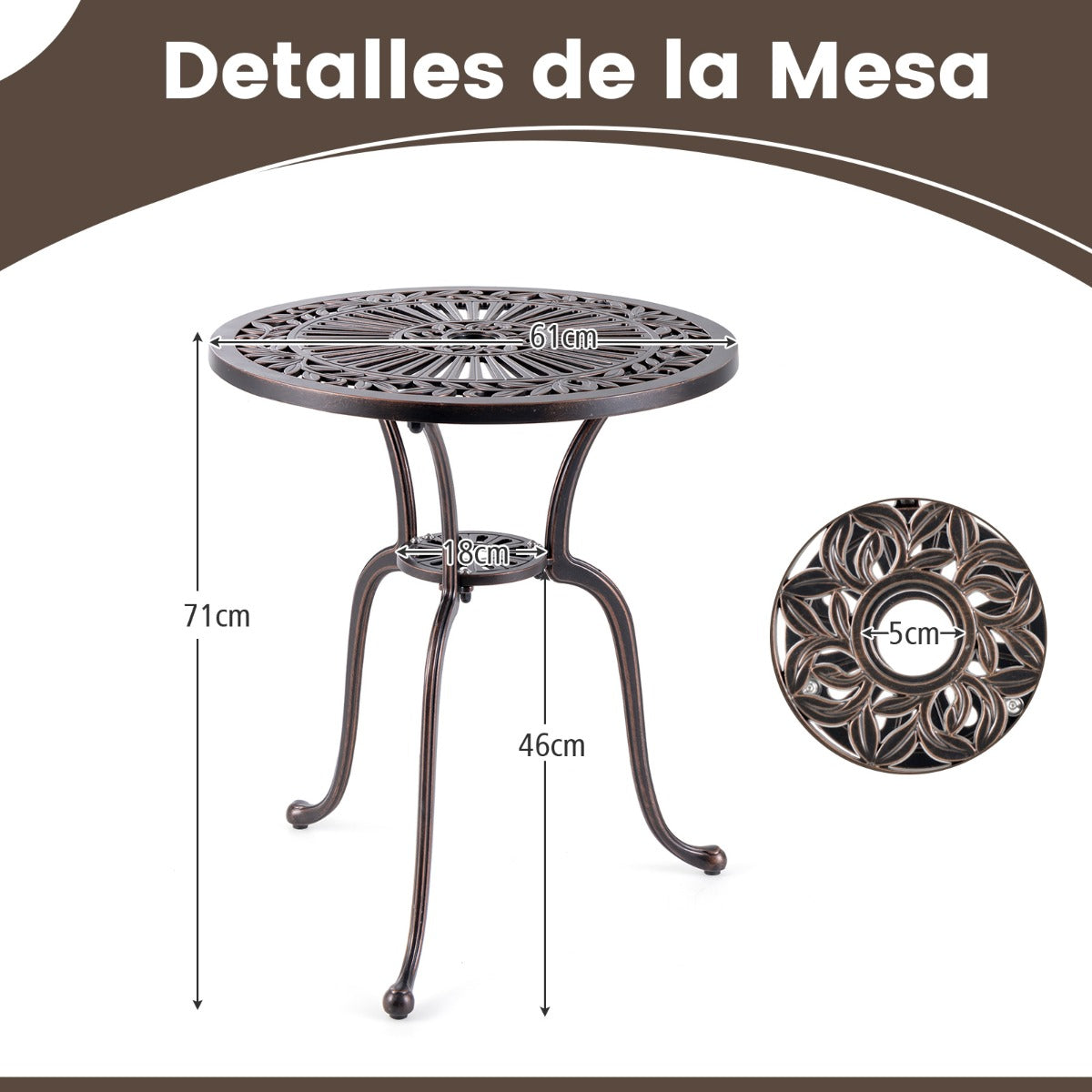 Mesa Redonda de Aluminio Fundido de 61 cm con Orificio para Sombrilla de 5 cm Patas Curvas y Almohadillas Ajustables para Porche Bronce