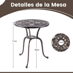 Mesa Redonda de Aluminio Fundido de 61 cm con Orificio para Sombrilla de 5 cm Patas Curvas y Almohadillas Ajustables para Porche Bronce